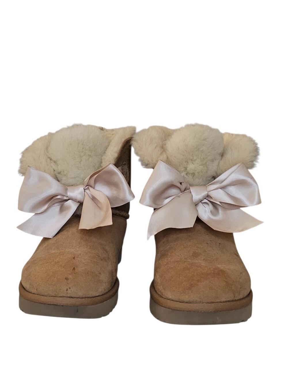 UGG Gita Bow Mini Chestnut Suede Ankle Boots w Beige Satin Front Bow women's 9